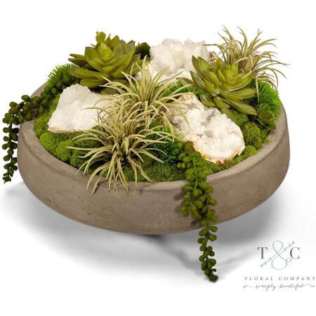 Succulents & Geodes in Concrete Bowl - Quartz - 9L X 13W X 13H Floral Arrangement