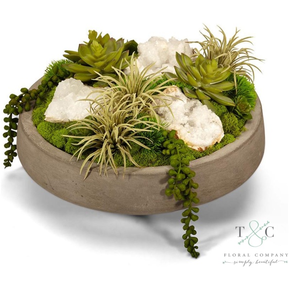 Succulents &Amp; Geodes In Concrete Bowl - Quartz - 9L X 13W X 13H Floral Arrangement