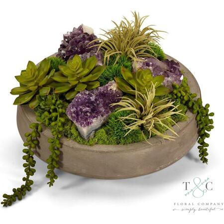Succulents & Geodes in Concrete Bowl - Amethyst - 9L X 13W X 13H Floral Arrangement