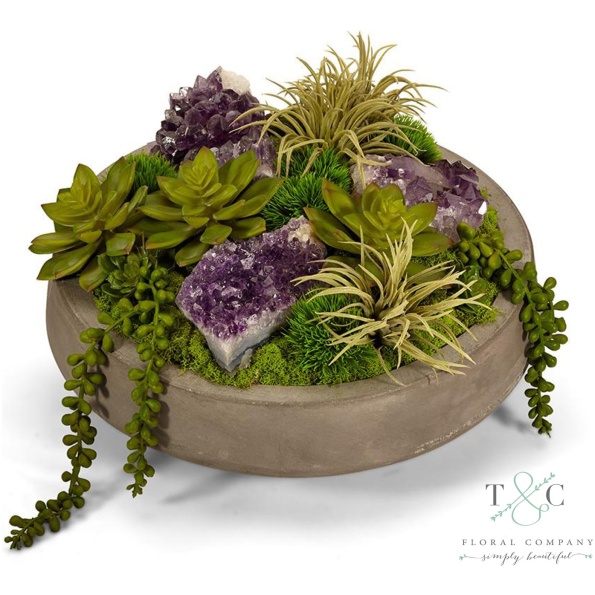 Succulents &Amp; Geodes In Concrete Bowl - Amethyst - 9L X 13W X 13H Floral Arrangement