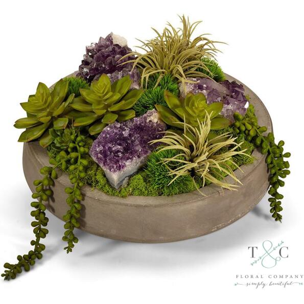 Succulents & Geodes in Concrete Bowl - Amethyst - 9L X 13W X 13H Floral Arrangement