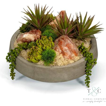 Succulents & Geodes in Concrete Bowl - Red Calcite - 9L X 13W X 13H Floral Arrangement