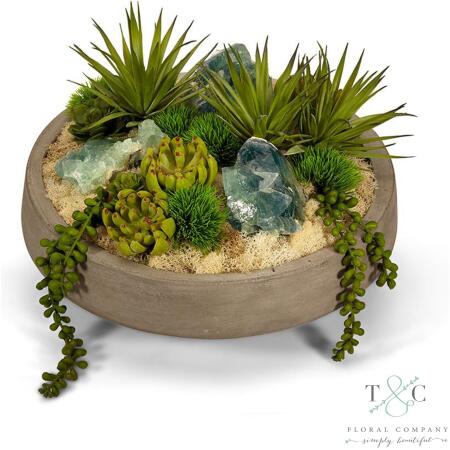 Succulents & Geodes in Concrete Bowl - Fluorite - 9L X 13W X 13H Floral Arrangement