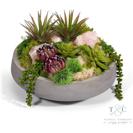Succulents & Geodes in Concrete Bowl - Rose Quartz - 9L X 13W X 13H Floral Arrangement