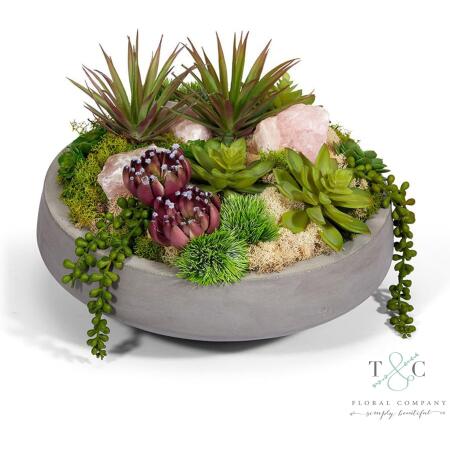 Succulents & Geodes in Concrete Bowl - Rose Quartz - 9L X 13W X 13H Floral Arrangement