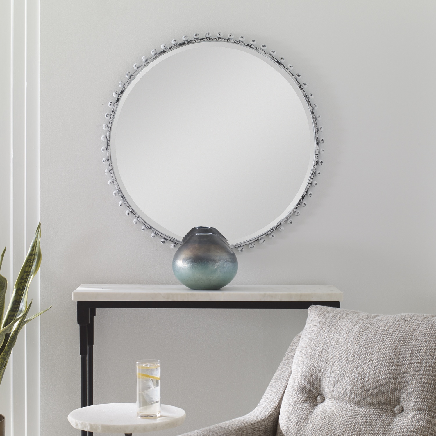 Taza-Aged White Round Mirror