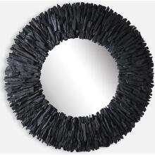Teak Branch-Wooden Black Round Mirror