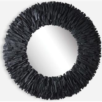 Teak Branch-Wooden Black Round Mirror