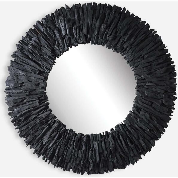 Teak Branch-Wooden Black Round Mirror