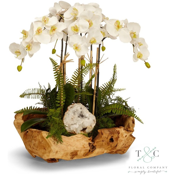 White Orchid And Geode In Wood Bowl - 20L X 15W X 16H Floral Arrangement