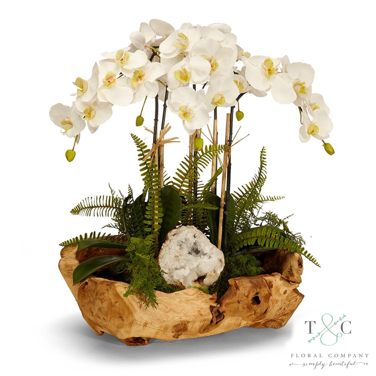 White Orchid and Geode in Wood Bowl - 20L x 15W x 16H Floral Arrangement