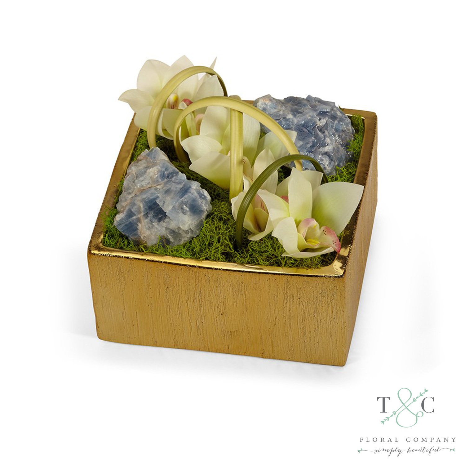 White Orchid with Blue Calcite Table Top in Gold Square - 8L x 8W x 8H Floral Arrangement
