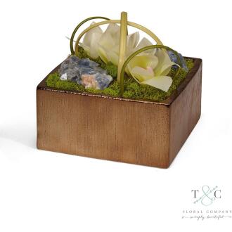 White Orchids with Blue Calcite Table Top in Bronze Square - 8L x 8W x 8H Floral Arrangement
