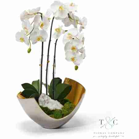 White Orchids in Two-toned Metal Bowl with Quartz - 23L X 15W X 15H Floral Arrangement