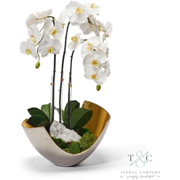 White Orchids In Two-Toned Metal Bowl With Quartz - 23L X 15W X 15H Floral Arrangement