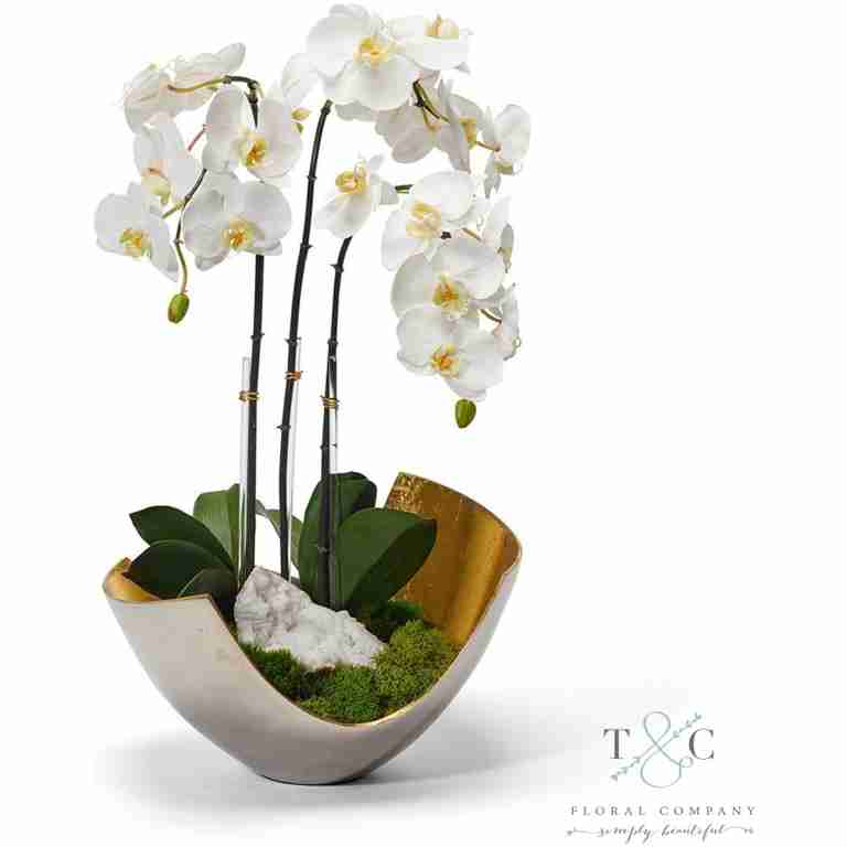 White Orchids in Two-toned Metal Bowl with Quartz - 23L X 15W X 15H Floral Arrangement