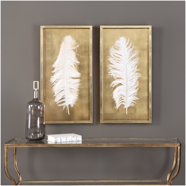 Uttermost White Feathers Gold Shadow Box S/2