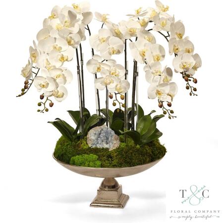 White Orchid and Celestite in Large Silver Urn - 20H x 20W x 30H Floral Arrangement