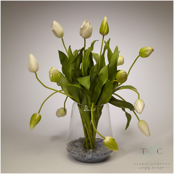 White Tulips In Clear Glass Vase - 21L X 21W X 24H Floral Arrangement