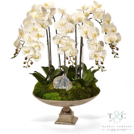 White Orchid and Moroccan Geode in Large Silver Urn - 20H x 20W x 30H Floral Arrangement