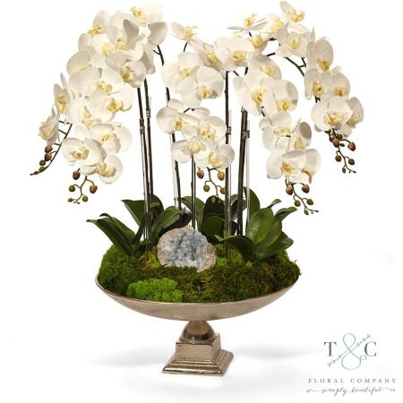 White Orchid and Moroccan Geode in Large Silver Urn - 20H x 20W x 30H Floral Arrangement